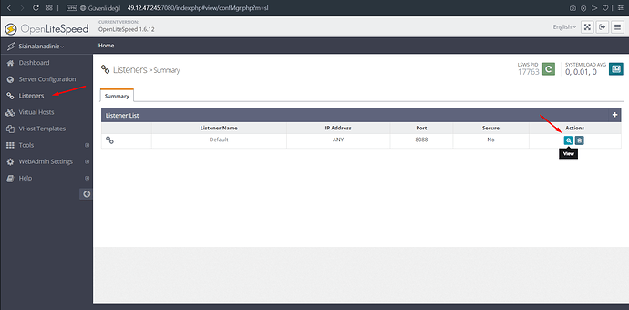 OpenLiteSpeed'in Listeners özet sayfası