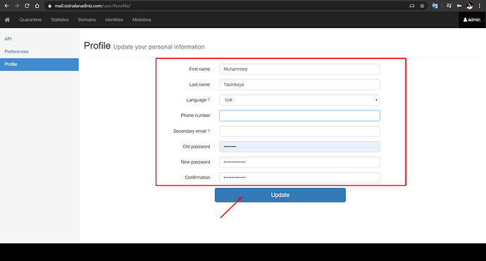 Modoboa profil düzenlemeleri ve şifre değiştirme