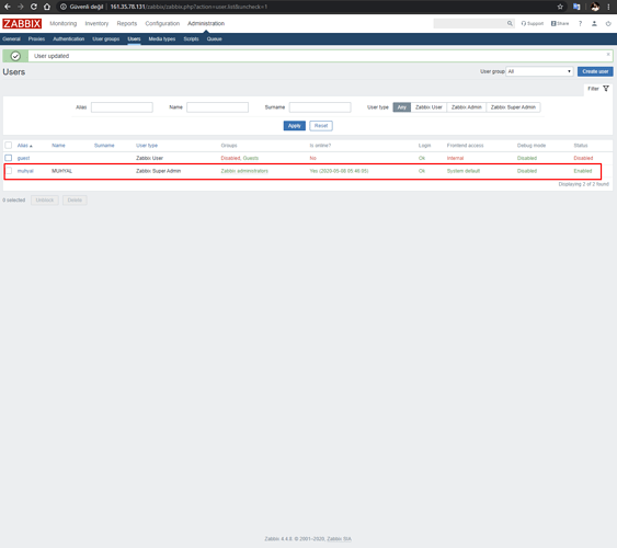 Zabbix 4.4.x varsayılan kullanıcıyı ve şifresini düzenlemek için (6)