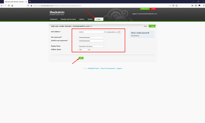 iRedMail Yeni Posta Hesabı Ekle