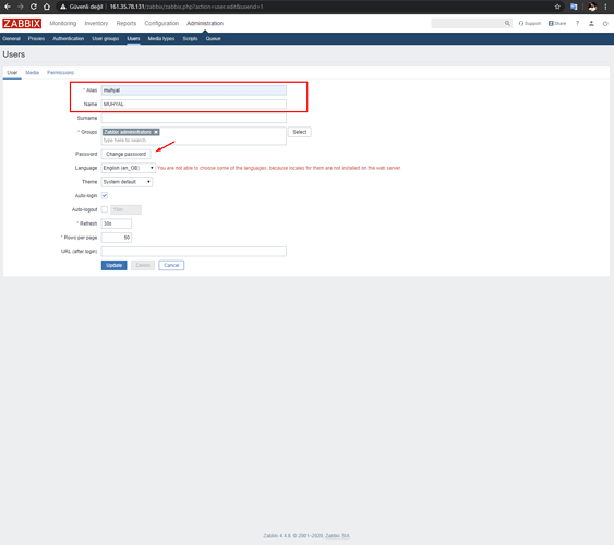 Zabbix 4.4.x varsayılan kullanıcıyı ve şifresini düzenlemek için (4)