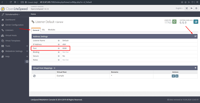 OpenLiteSpeed'in listener detay sayfası