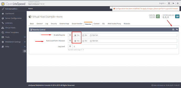 Enable Rewrite ve Auto Load from .htaccess ayarı