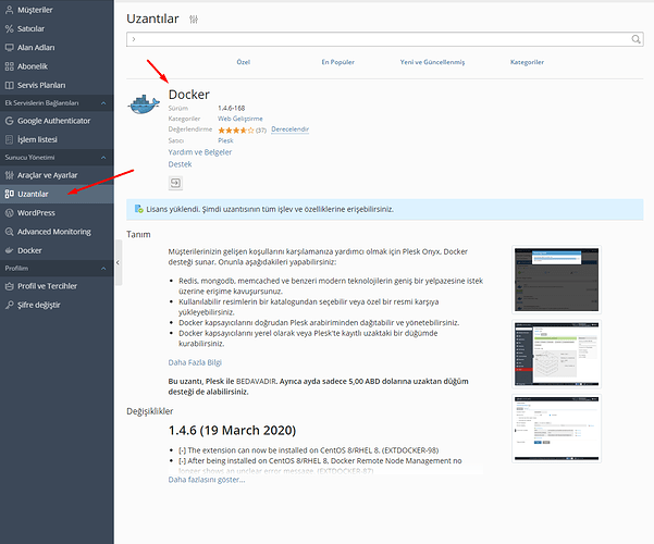 Plesk Uzantılar kısmından Docker eklentisinin kurulumunu yapın