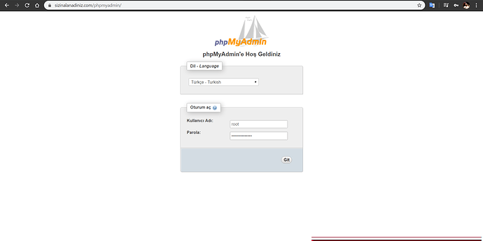 phpMyAdmin giriş ekranı