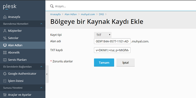 Zimbra Sunucusunda Oluşturulan DKIM İmzasını Plesk'e Ekleme