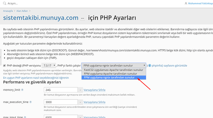 Bu alt alan adını PHP Ayarları kısmından FPM uygulama ngnix tarafından sunulur kullanacak şekilde yapılandırın
