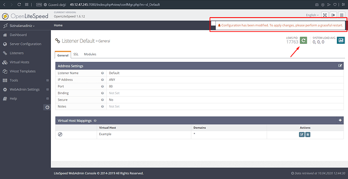 OpenLiteSpeed'i yeniden başlatma butonu