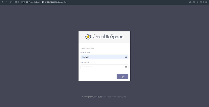 OpenLiteSpeed ​​yönetici giriş sayfası