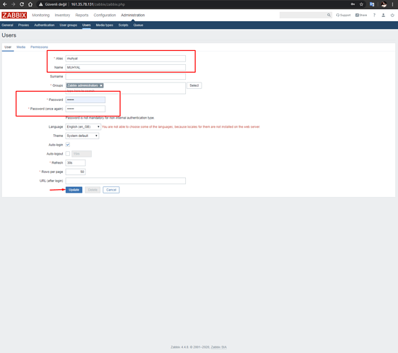 Zabbix 4.4.x varsayılan kullanıcıyı ve şifresini düzenlemek için (5)