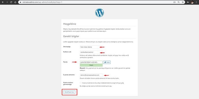 WordPress Ana Kurulum Ekranı