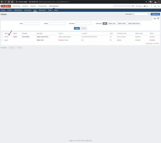 Zabbix 4.4.x varsayılan kullanıcıyı ve şifresini düzenlemek için (3)