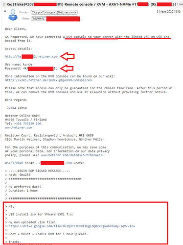 Hetzner KVM ve VMware kalıbının USB ile boot edilmesi talebine gelen yanıt